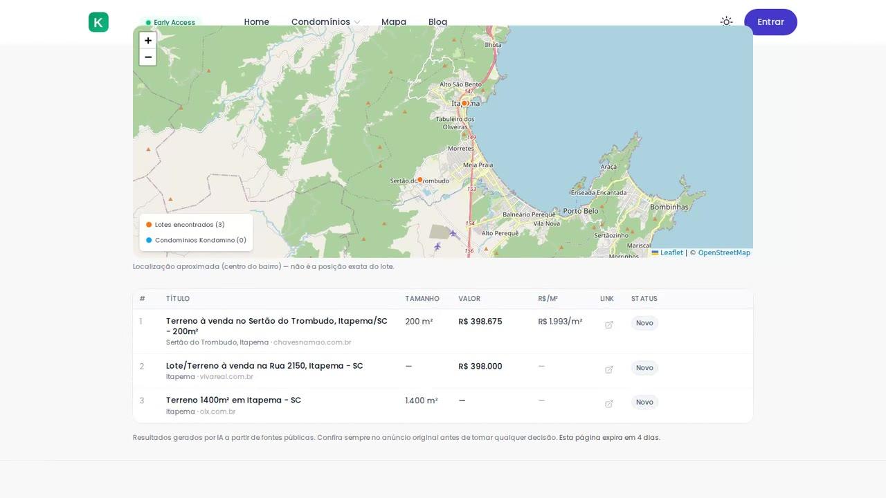 Tabela de lotes encontrados pela busca do Kondomino, com área, valor e preço por m²